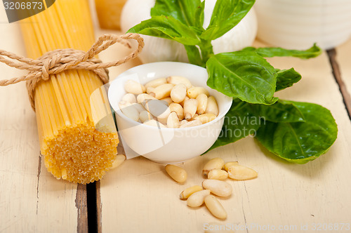 Image of Italian traditional basil pesto pasta ingredients