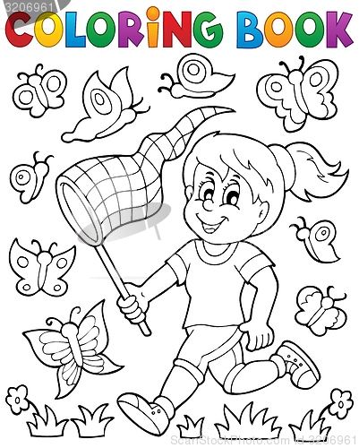 Image of Coloring book girl chasing butterflies