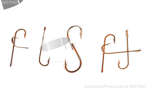 Image of Word FISH composed of old rusty fish hooks