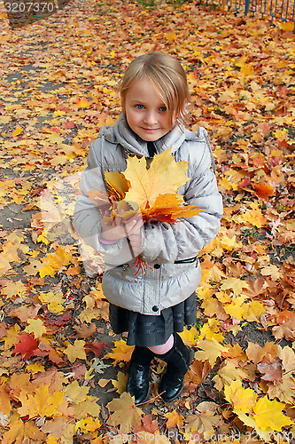 Image of little girl with yellow leaves in the park