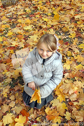 Image of little girl with yellow leaves in the park