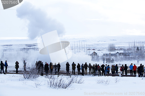 Image of Visitors at the geyser erruption of Strokkur, Iceland