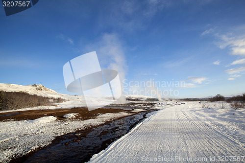 Image of Several Geysers in a winter landscape in Iceland