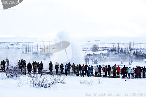 Image of Visitors at the geyser erruption of Strokkur, Iceland