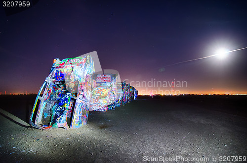 Image of AMARILLO, TEXAS - April 2015: Famous art installation Cadillac R