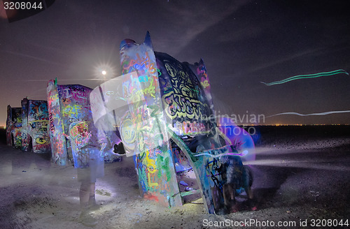 Image of AMARILLO, TEXAS - April 2015: Famous art installation Cadillac R