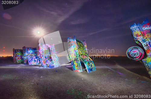 Image of AMARILLO, TEXAS - April 2015: Famous art installation Cadillac R