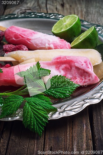 Image of raspberry ice cream with old tray