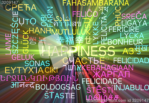 Image of Happiness multilanguage wordcloud background concept glowing