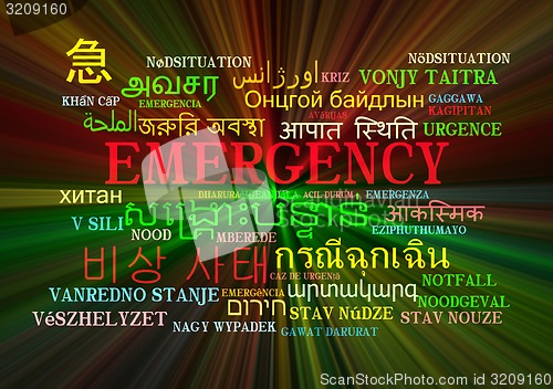 Image of emergency multilanguage wordcloud background concept glowing