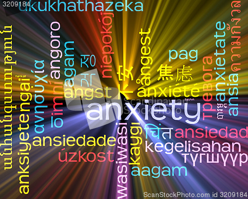 Image of Anxiety multilanguage wordcloud background concept glowing