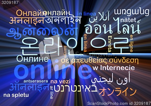 Image of online multilanguage wordcloud background concept glowing