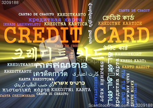 Image of Credit card multilanguage wordcloud background concept glowing