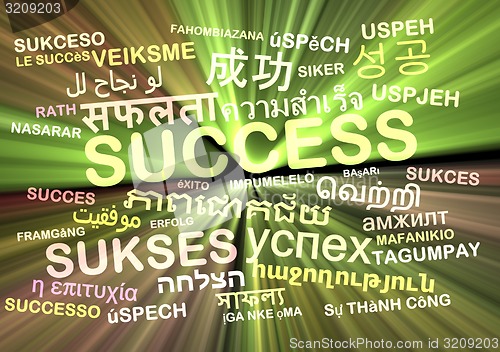 Image of success multilanguage wordcloud background concept glowing