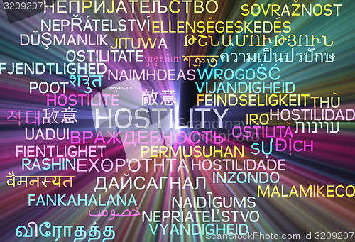 Image of Hostility multilanguage wordcloud background concept glowing