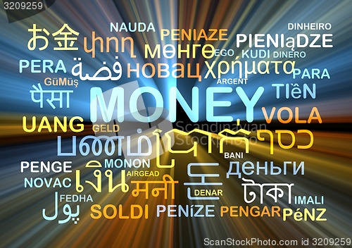 Image of money multilanguage wordcloud background concept glowing