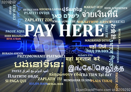 Image of Pay here multilanguage wordcloud background concept glowing