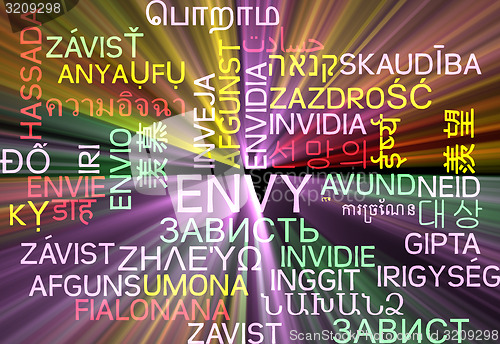 Image of Envy multilanguage wordcloud background concept glowing