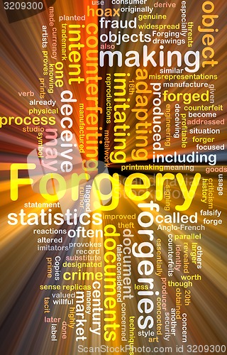 Image of Forgery background concept wordcloud glowing
