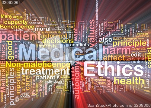 Image of Medical ethics background concept wordcloud glowing