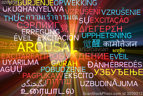 Image of Arousal multilanguage wordcloud background concept glowing