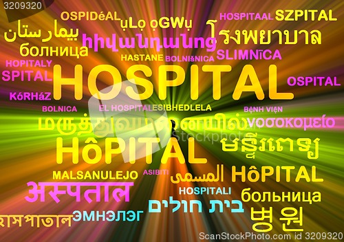 Image of hospital multilanguage wordcloud background concept glowing