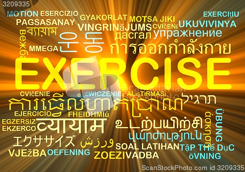 Image of Exercise multilanguage wordcloud background concept glowing