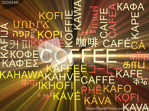 Image of Coffee multilanguage wordcloud background concept glowing