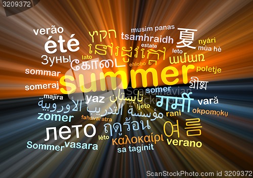 Image of summer multilanguage wordcloud background concept glowing