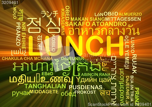 Image of lunch multilanguage wordcloud background concept glowing