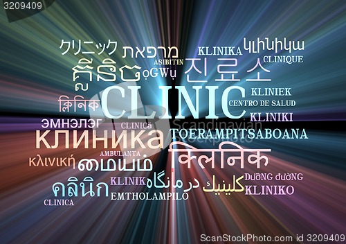 Image of Clinic multilanguage wordcloud background concept glowing