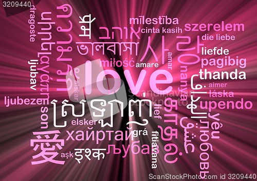 Image of love multilanguage wordcloud background concept glowing