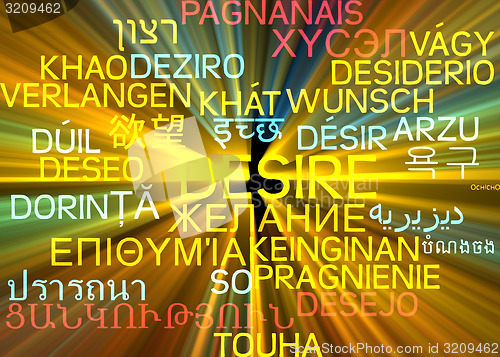 Image of Desire multilanguage wordcloud background concept glowing