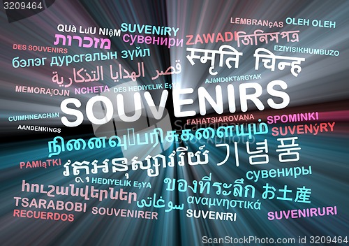 Image of souvenirs multilanguage wordcloud background concept glowing