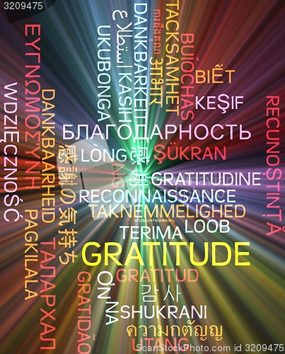 Image of Gratitude multilanguage wordcloud background concept glowing
