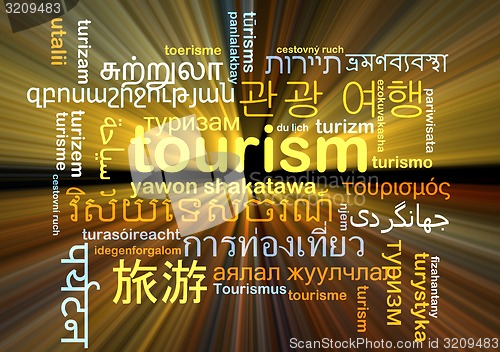 Image of tourism multilanguage wordcloud background concept glowing