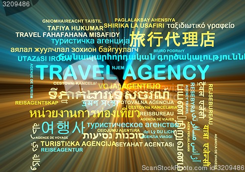 Image of travel agency multilanguage wordcloud background concept glowing
