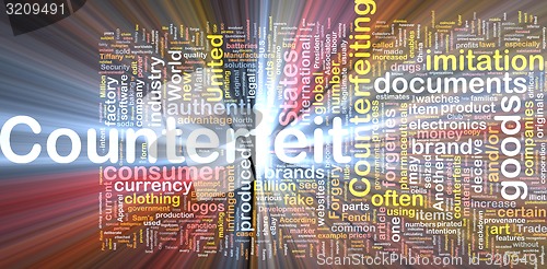 Image of Counterfeit background concept wordcloud glowing