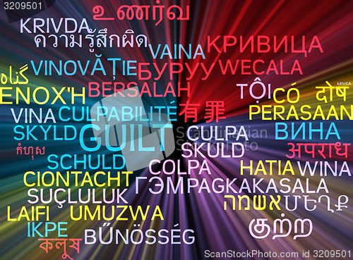 Image of Guilt multilanguage wordcloud background concept glowing