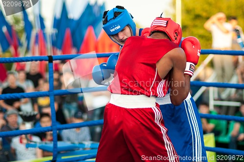 Image of A boxing match Osleys Iglesias, Cuba and Salah Mutselkhanov, Russia. Victory Osleys Iglesias