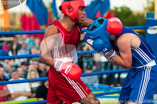 Image of A boxing match Osleys Iglesias, Cuba and Salah Mutselkhanov, Russia. Victory Osleys Iglesias