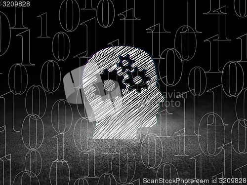 Image of Data concept: Head With Gears in grunge dark room