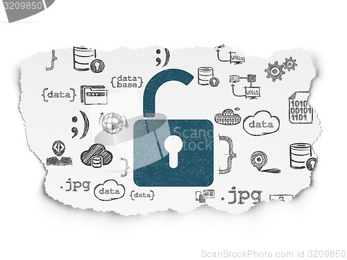 Image of Protection concept: Opened Padlock on Torn Paper background