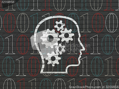 Image of Information concept: Head With Gears on wall background