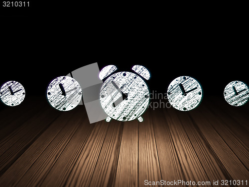 Image of Timeline concept: alarm clock icon in grunge dark room