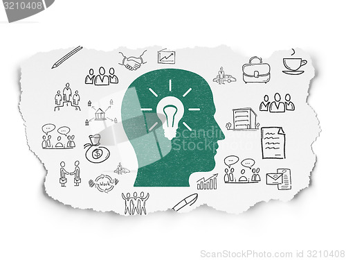 Image of Business concept: Head With Light Bulb on Torn Paper background