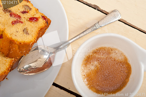 Image of plum cake and espresso coffee 