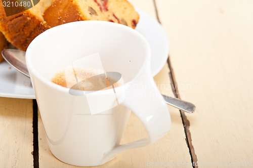 Image of plum cake and espresso coffee 