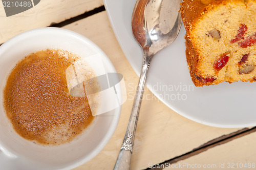 Image of plum cake and espresso coffee 