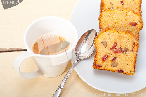 Image of plum cake and espresso coffee 